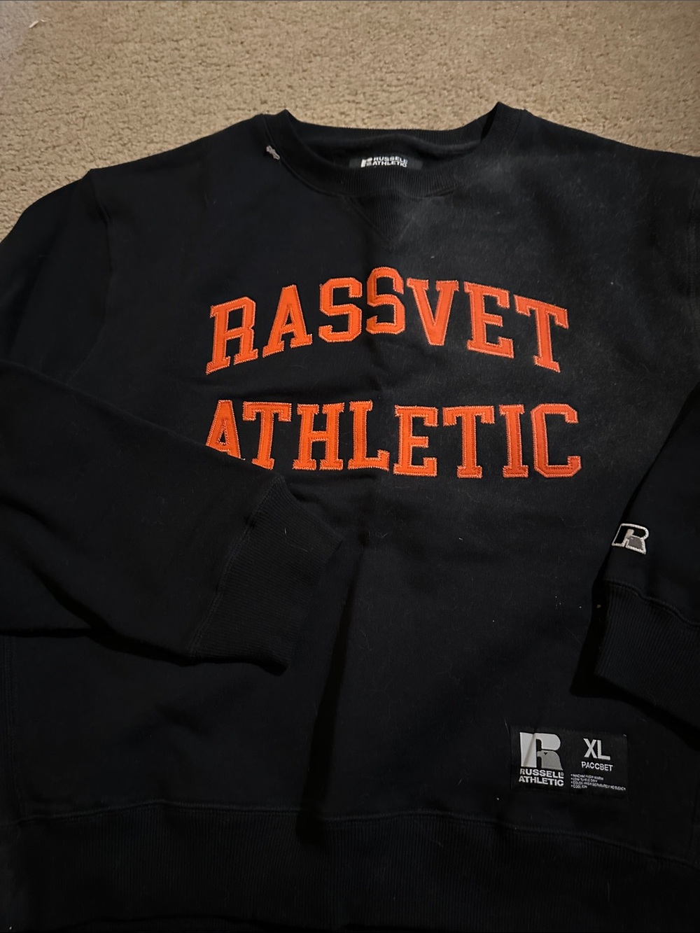 Russell Athletic Navy Crewneck Sweatshirt with Orange Appliqué